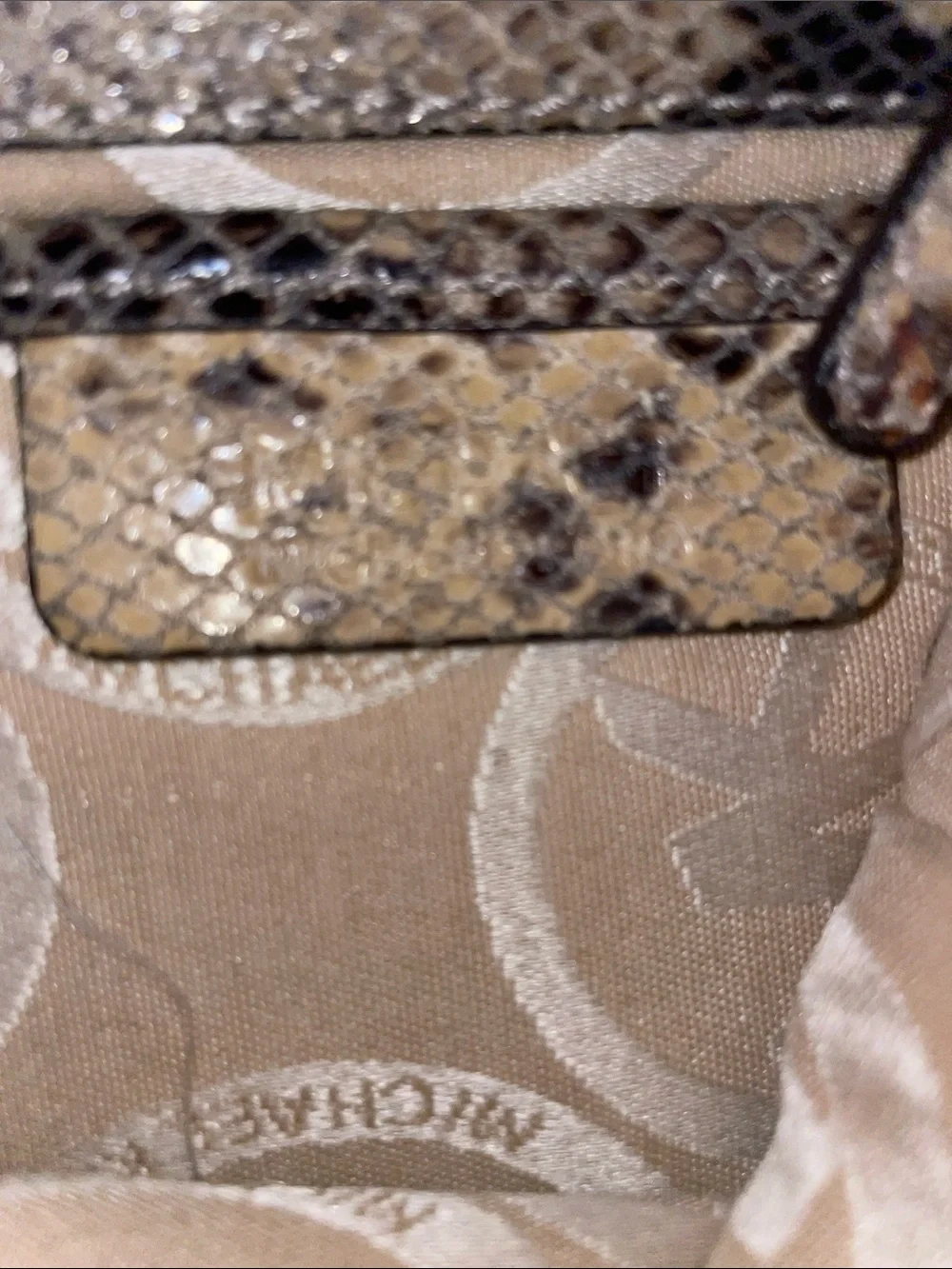 Michael Kors Snake-Print Shoulder Tote in Taupe and Black with Gold Hardware